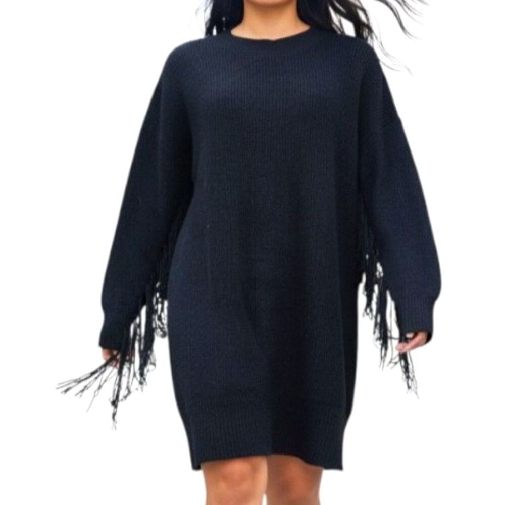 BAEVELY Black Sweater Dress With Fringe Detail, NEW! Polagram Size 3XL